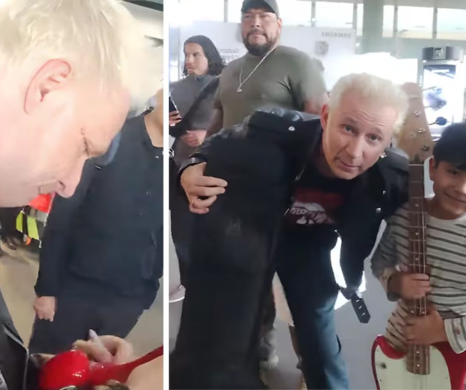 Miembro de Green Day sorprende a niño en el AICM, le regala un instrumento